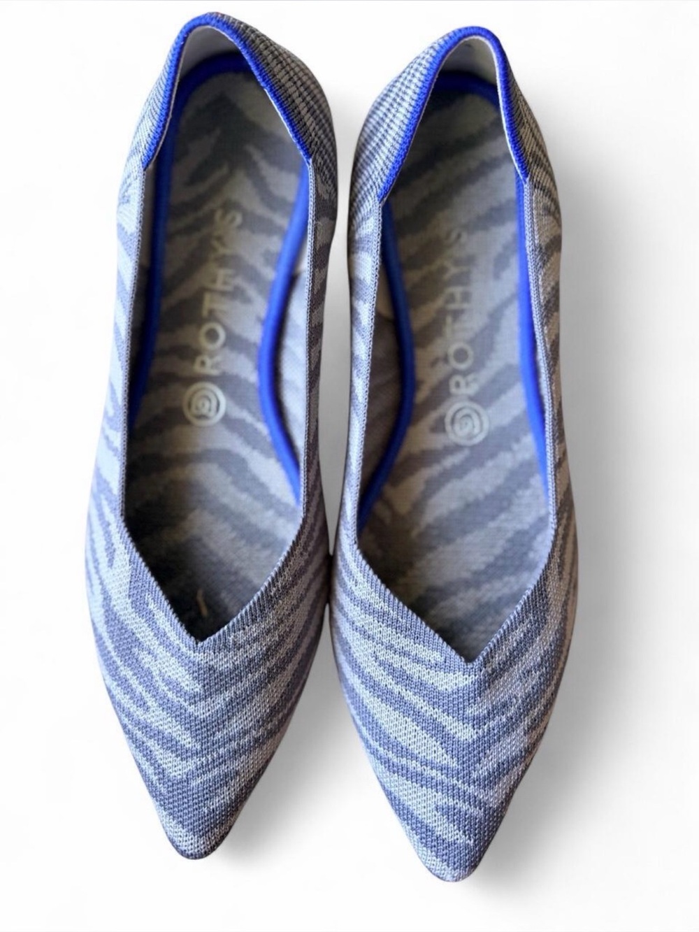 Rothy's Pointed Zebra-Pattern Flats in Blue and Gray Size 10